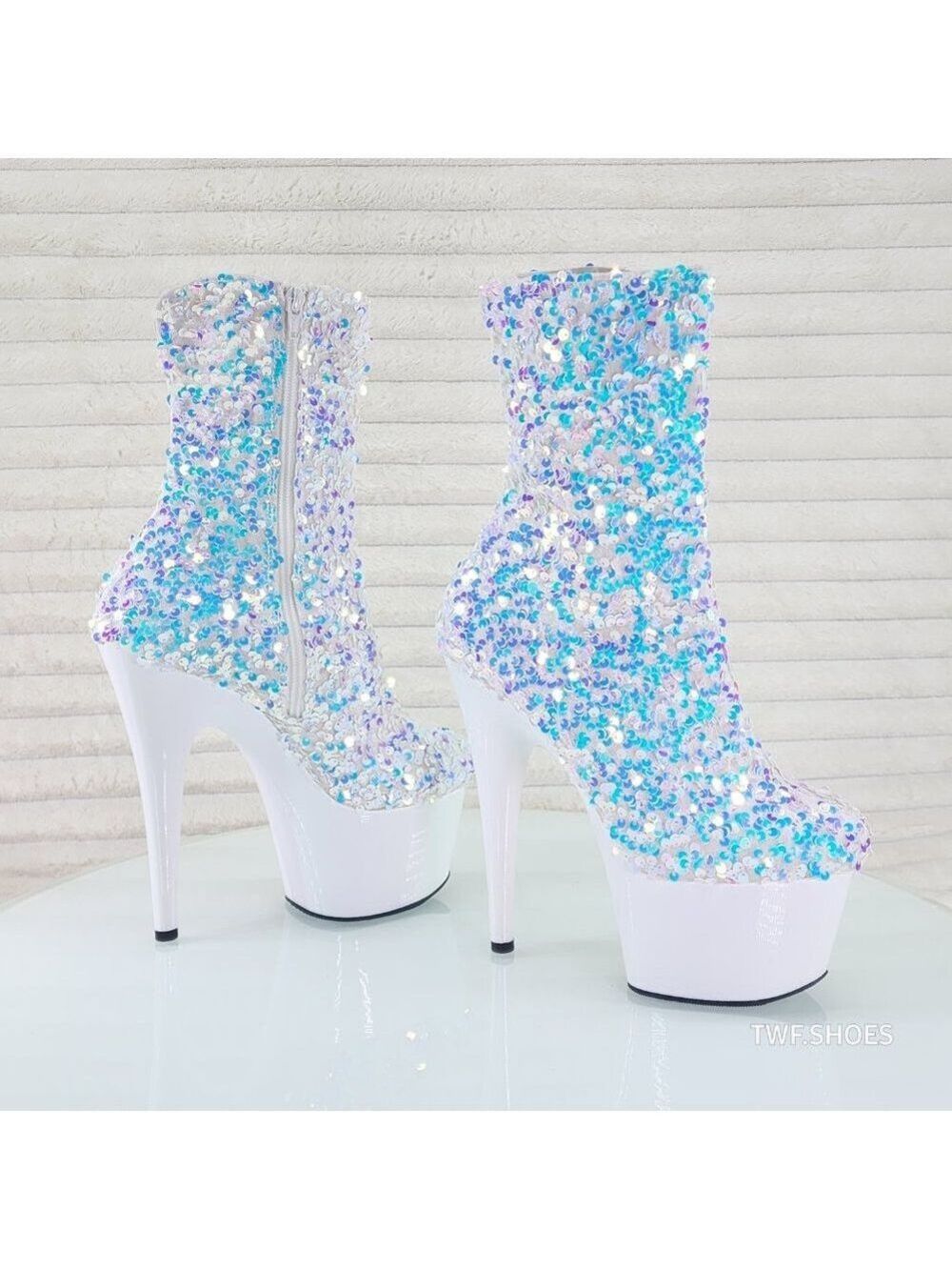 White Ice Multi Sequin Platform 7" Heels Ankle Boots Adore 1042 - Picture 3 of 8